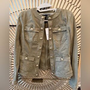 White House Black Market Green Utility Jacket with Stand-up Collar